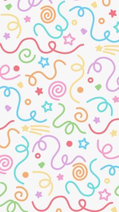 a colorful pattern with stars, swirls and hearts on a white background for wallpaper