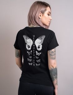 Get 10% off your first order: join.lucidamystica.com Elegant metamorphosis goth butterfly shirt on a super-soft unisex Black tshirt that will become your new wardrobe staple for years to come. Available in plus sizes for a comfy fit, size up for an oversized aesthetic look. Size chart found in images. Perfect for yourself or as a special gift for your favorite magickal human. + Printed on Bella + Canvas 3001 unisex tshirt + Retail fit + 100% Soft cotton (fibre content may vary for different colo Fitted Black T-shirt In Fairy Grunge Style, Fitted Black Top With Butterfly Print, Metamorphosis Butterfly, Edgy Plus Size, Plus Size Alternative, Goth Butterfly, Oversized Aesthetic, Alternative Aesthetic, Witchy Goth