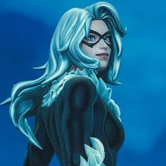 a painting of a woman dressed in black and white with blue hair, wearing catwoman costume