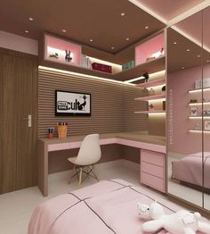 a bedroom with pink walls and shelvings on the wall, along with a white chair