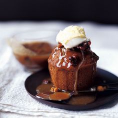 a chocolate dessert with ice cream on top