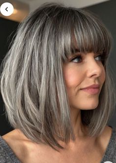 Hairstyles With Bangs Medium, Gray Hairstyles With Bangs, Very Long Bob, Brown Hair With Silver Highlights, Medium Length Hairdos, Grey Blending, Modern Bob Hairstyles, Grey Hair With Bangs, Grey Hairstyles