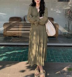 Lasaky - Luxurious Long Dress with Ruffled Neckline and Oversized Sleeves Casual Billowy Pleated Dresses, Spring Khaki Long Sleeve Maxi Dress, Billowy Long Sleeve Casual Maxi Dress, Casual Spring Khaki Maxi Dress, Casual Billowy Maxi Dress For Fall, Casual Long Sleeve Pleated Maxi Dress, Oversized Pleated Spring Dress, Green Billowy Casual Dress, Oversized Ruffled Dresses For Spring