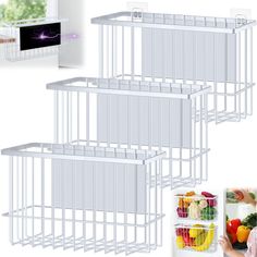 three white storage bins filled with fruits and vegetables