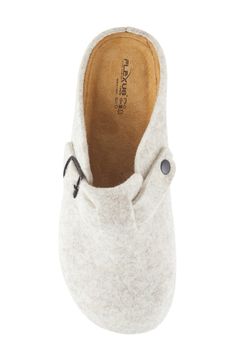 A wool-blend upper sets a cozy scene on this cushioned mule finished with an adjustable buckle strap and flexible sole. 1 1/2" heel Wool and synthetic upper/textile lining/synthetic sole Imported Winter Slip-on Mules With Leather Sole, Casual Slip-on Mules With Textured Sole, Comfortable Textured Slip-on Mules, Chic Slip-on Mules With Textured Sole, Casual Shearling Slip-on Mules, Barcelona Trip, Boho Queen, Pinterest Wardrobe, 2022 Style