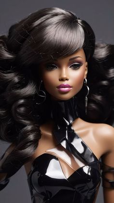 a barbie doll with very long hair wearing a black dress