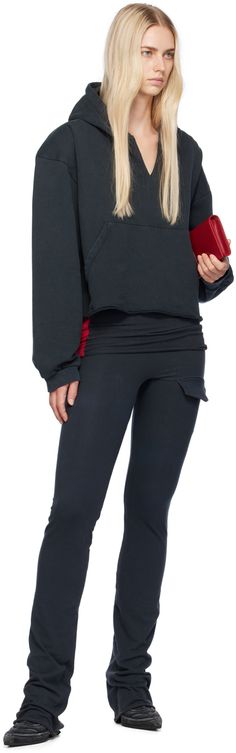 French terry hoodie. · Raw edge at V-neck and cropped hem · Kangaroo pocket · Padded dropped shoulders · Rib knit cuffs Wholesale exclusivity at SSENSE. Supplier color: Black Black Athleisure Sweats With Kangaroo Pocket, Athleisure Sweatshirt With Side Pockets For Streetwear, Athleisure Sweats With Side Pockets For Fall, Fall Athleisure Sweats With Side Pockets, Fall Activewear With Side Pockets For Streetwear, Athleisure Sweatshirt With Pockets, Sporty Sweats With Side Pockets For Fall, Sporty Fall Sweats With Side Pockets, Casual Black Activewear With Kangaroo Pocket