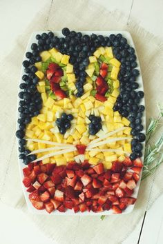 a plate that has fruit in the shape of a face