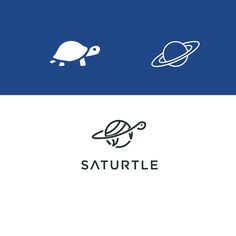 the saturn logo is shown in blue and white, with an image of a turtle on it