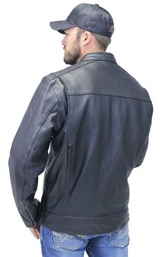 Concealed pocket men's leather motorcycle jacket in a scooter style with vents. This black leather moto jacket for men comes with dual inside concealed pockets with barrel loops inside to keep your device in place, front chest zip vents, vertical back side zip vents, side zipper for sitting comfort, zip front pockets, zip cuffs, heavy duty antique hardware, bi-swing shoulders that added reach, and a full sleeve zip out lining. This Concealed Pocket moto jacket is an ideal 4 season riding jacket and made of top grain heavy cowhide leather. The vents keep the air flowing through while riding, or keep them closed for maximum warmth. Sizes: M, L, XL, 2X, 3X, 4X, 5X. +$10 for 2X-3X, +$20 for 4X-5X. [7#] dual inside concealed pockets with barrel loops bi-swing shoulders for reach comfort side zi Classic Biker Jacket With Pockets For Biker Events, Moto Biker Jacket With Pockets For Motorcycling, Black Leather Moto Jacket, Riding Jacket, Scooter Motorcycle, Leather Travel Bag, Antique Hardware, Leather Hats, Leather Shirt