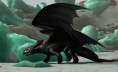 a black dragon is standing in front of some icebergs and green rocks on the ground