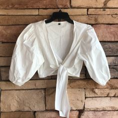 Nwot White Shein Tie Crop Top With Puffy Sleeves Small White Crop Top For Spring Daywear, White Puff Sleeve Crop Top For Brunch, Shirt Puffy Sleeves, Goth Crop Top, Top With Puffy Sleeves, Maroon Crop Top, Lace Bustier Top, Grey Crop Top, Wrap Crop Tops