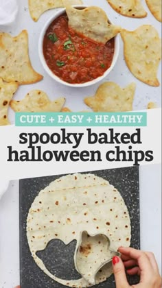 the recipe for spooky baked halloween chips is shown in front of tortilla chips