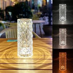 four different types of glass vases sitting on top of a wooden table next to each other