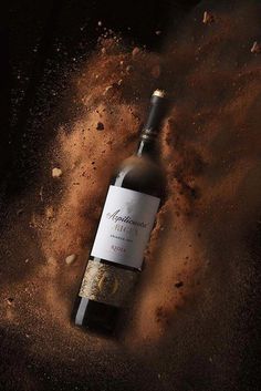 a bottle of wine sitting in the middle of some dirt and sand on top of it