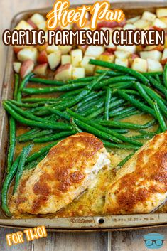 an image of grilled chicken and green beans on a baking sheet with text overlay