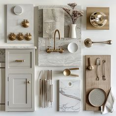 various kitchen accessories arranged on top of each other in a display area with white walls and marble counter tops