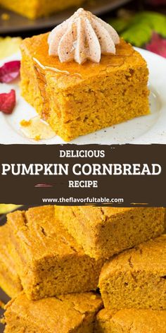 delicious pumpkin cornbread recipe on a plate with the title in the middle and an image of