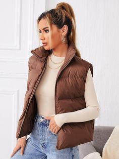 Brown Puffer Vest Outfit, Sleeveless Jacket Outfit, Sleeveless Jackets For Women, Gilet Outfit