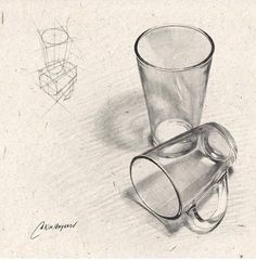 a pencil drawing of a shot glass and its reflection on the table next to it