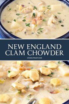 two pictures with the words new england clam chowder