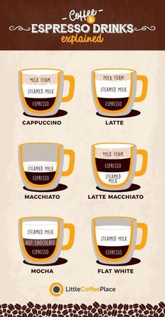 coffee info sheet with different types of cups and saucers on it's sides