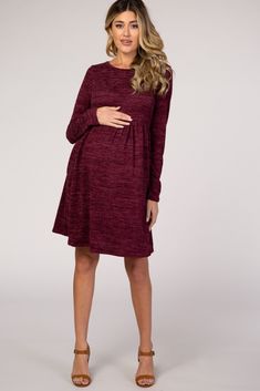 A comfortable & casual maternity dress perfect for any day!  A heathered knit maternity dress featuring long sleeves, a pleated skirt and a rounded neckline. The Burgundy Heathered Long Sleeve Knit Maternity Dress is perfectly bump-friendly! Maternity Outfits Christmas, Fall Maternity Dress With Long Sleeves, Casual Long Sleeve Maternity Dress For Fall, Fall Long Sleeve Maternity Dress, Holiday Maternity Outfits, Knit Maternity Dress, Casual Maternity Dress, Casual Maternity, Pink Blush Maternity