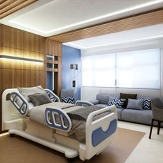 a hospital bed sitting in the middle of a room