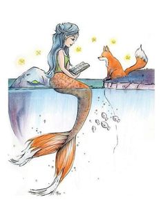 a drawing of a mermaid sitting on top of a rock next to a red fox