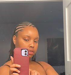 Woman holding phone taking mirror selfie of braided hairstyle Simple Natural Hair Cornrows, Cross Cross Cornrows, Feminine Cornrows, Cornrows Braids Natural Hair Short, Allbackhair Natural Hair, Cornrows Patterns, Crossed Cornrows, Cornrow With Natural Hair, Cornrow On Natural Hair