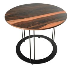 a wooden table with metal legs and a circular top on an isolated white background for use as a coffee table