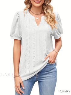 Lasaky - Chic Hollow V-Neck T-Shirt: Stylish Loose Puff Short Sleeve Summer Top for Women Casual Short Sleeve Puff Top, White Casual Puff Sleeve T-shirt, Casual White Puff Sleeve T-shirt, Top For Women, Chest Pad, Summer Top, Long Length, Summer Fall, Neck T Shirt