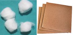 four pieces of brown paper next to cotton balls on a blue background and one piece of cardboard that has been cut in half