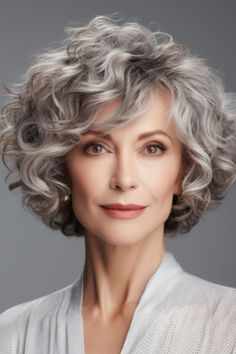 Grey Curly Bob, Curly Angled Bobs, Wavy Haircuts, Short Haircuts For Women, Haircuts For Curly Hair