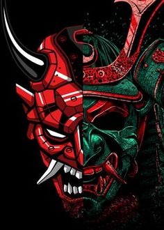 two samurai masks with red and green colors