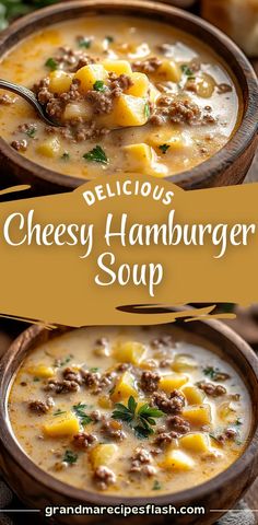 delicious cheesy hamburger soup in a wooden bowl