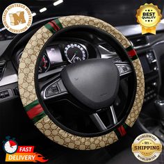 the steering wheel cover is decorated with red, green and white stripes