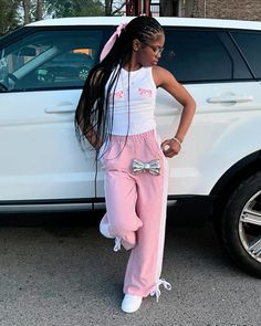 Pink Jordan 4s Outfit, Cute Pink Baddie Outfits, Cute Dressy Outfits Black Women, Pink Inspo Outfits, Pink Ed Hardy Outfit, Pink Bow Outfit, Air Forces Outfits Women, Pink Dinner Outfit, Bow Pants Outfit