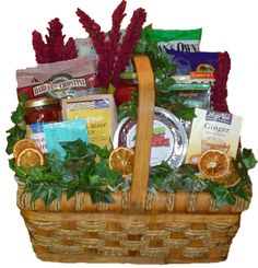 a wicker basket filled with assorted food items