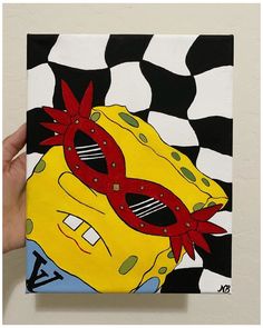 a painting of a spongebob with red glasses on it's face, in front of a black and white checkered background