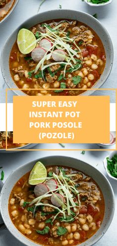 two bowls of instant pot pork posole soup with limes and cilantro