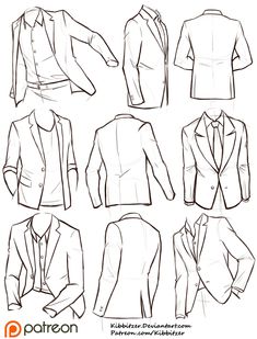 a set of men's suits and jackets in different styles, all drawn by hand