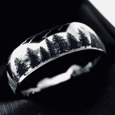 For Trees I’m the Mountans Forest Pattern Engraved White Tungsten Wedding Band, His and Her Promise Ring, Custom Made Wedding Bands by Rings Paradise Personalized Wedding Bands, Rings Pandora, Tungsten Jewelry, Landscape Pattern, Mountains Forest, Mens Wedding Bands Tungsten, Tungsten Rings, Fir Trees, Engraved Ring