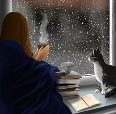 a cat sitting on a window sill next to a book and cup with coffee