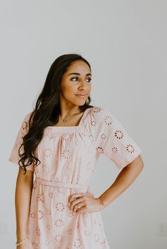 Our Blush Eyelet Dress is a beautiful Spring and Summer dress! Made with a tie waist, knee length, and flared sleeves. Available in women's sizes: Small: Bust: 32" Waist: 28" Length: 39" Medium: Bust: 35" Waist: 36" Length: 40" Large: Bust: 37" Waist: 41" Legnth: 40" White Dress Bridesmaid, Dresses Outfit Ideas, Summer Dress Midi, Lehi Utah, Outfit Ideas Cute, Lace Dress White, Blush Dress, Fashion Modest, Modest Dress