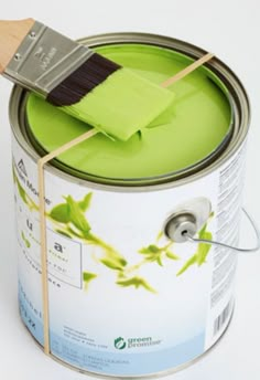 a green paint can with a brush in it and the words rubber painted on it