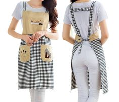 two women standing next to each other wearing aprons and overalls with pockets on them