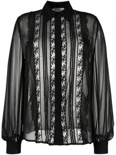 black semi-sheer construction floral-lace detailing classic collar concealed front button fastening long puff sleeves buttoned cuffs straight hem Luxury Blouse With Lace Trim, Luxury Long Sleeve Tops With Lace Trim, Long Sleeve Lace Trim Blouse For Work, Designer Sheer Long Sleeve Tops, Workwear Blouse With Lace Long Sleeves, Black Button-up Blouse With Sheer Sleeves, Black Sheer Sleeves Button-up Blouse, Button-up Blouse With Lace Trim For Work, Lace Button-up Blouse With Lace Cuffs