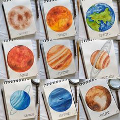 several pictures of different planets and their names on notebooks next to a pair of scissors