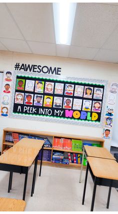 an empty classroom with desks, bookshelves and a poster on the wall